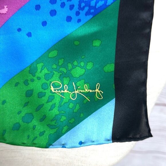 Rush Limbaugh Vintage Silk Black with Blue Pink Green Hand Rolled Scarf - Picture 8 of 13